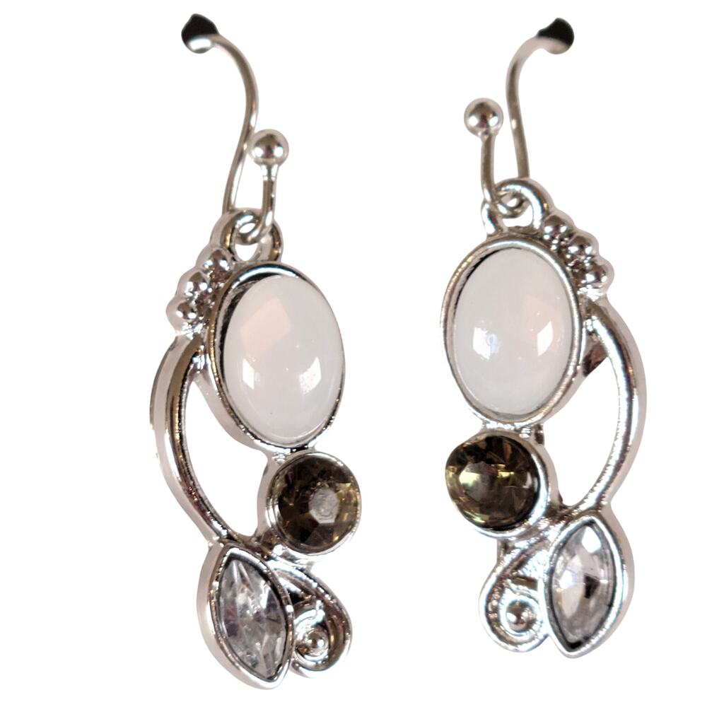 Silver Tone Dangle Earrings White Opal Brown Stones Drop Costume, Gift Bag